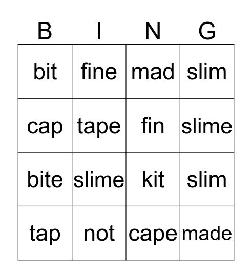 Magic E Bingo Card