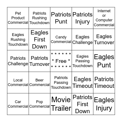 Super Bowl LII Bingo Card