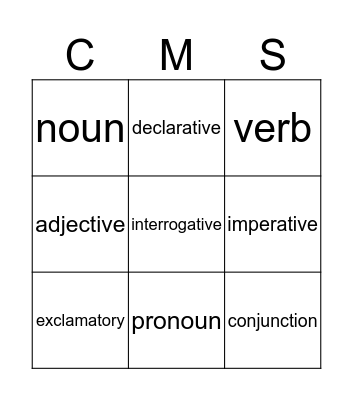 Parts of Speech Bingo Card