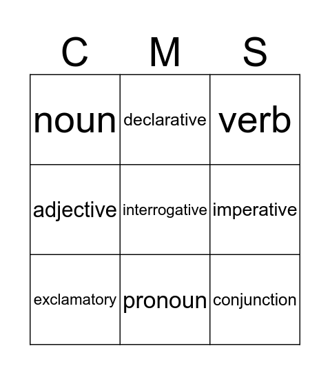 Parts of Speech Bingo Card