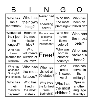 Springhill Women - Get to Know Each Other Bingo Card