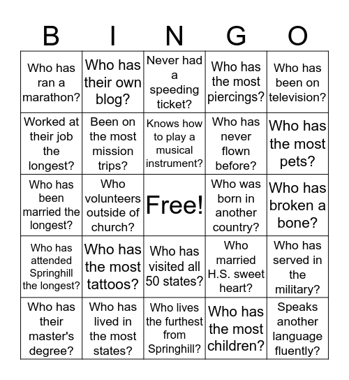Springhill Women - Get to Know Each Other Bingo Card