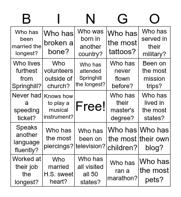 Springhill Women - Get To Know Each Other Bingo Card