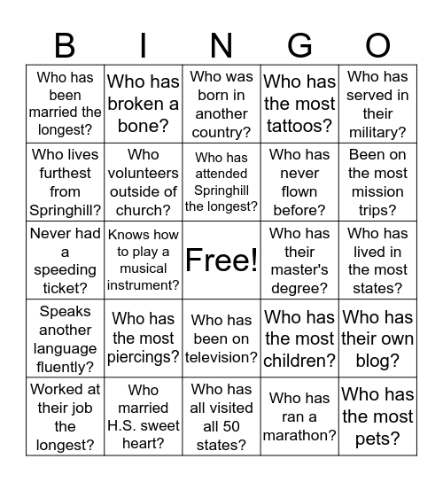 Springhill Women - Get To Know Each Other Bingo Card
