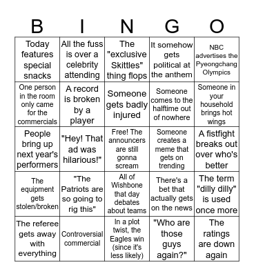 Super Bowl LII Bingo Card