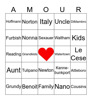 Tulipano Family Party Bingo Card
