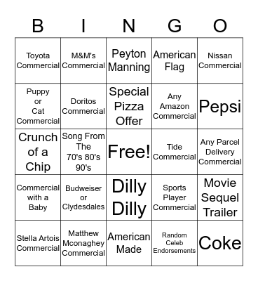 Superbowl LII Commercial Bingo Card