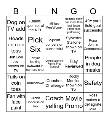 Super Bowl LII Bingo Card