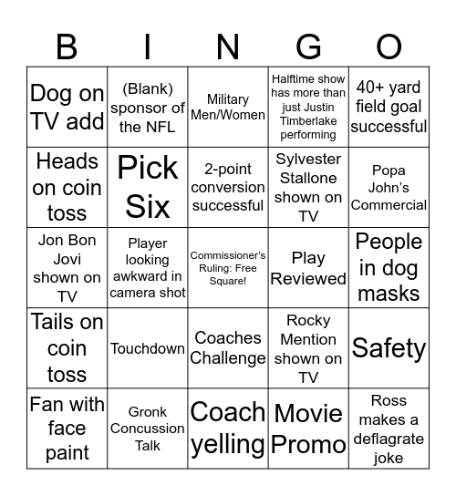 Super Bowl LII Bingo Card