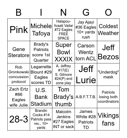 Super Bowl LII Bingo Card