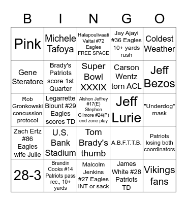 Super Bowl LII Bingo Card