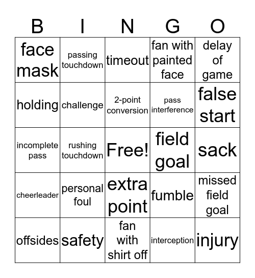 Super Bowl Bingo Card