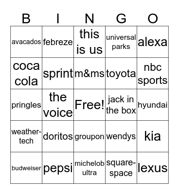Super Bowl Commercials Bingo Card
