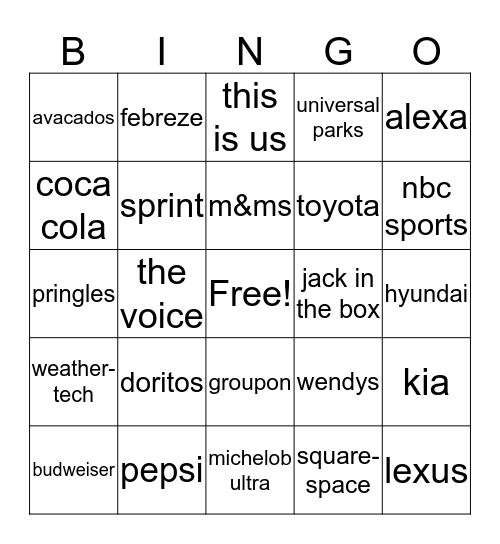 Super Bowl Commercials Bingo Card