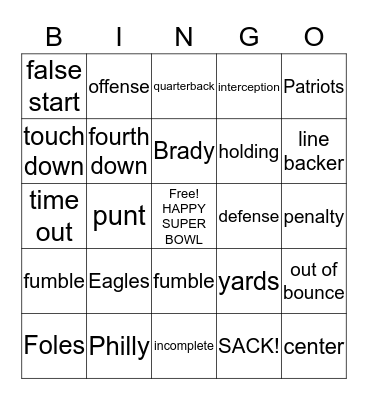 SUPER BOWL EAGLES V. PATRIOTS Bingo Card