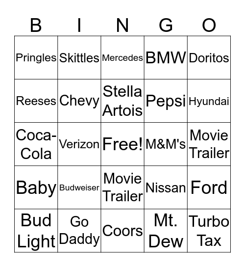 SUPER Bowl BINGO 2018 Bingo Card