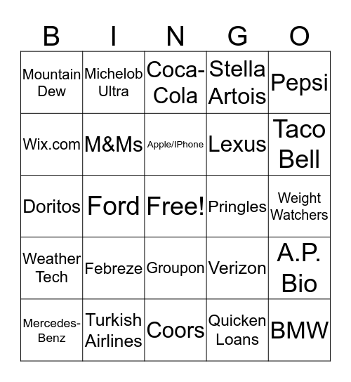 Super Bowl Commercial Bingo Card