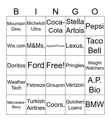 Super Bowl Commercial Bingo Card