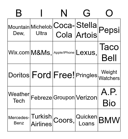 Super Bowl Commercial Bingo Card