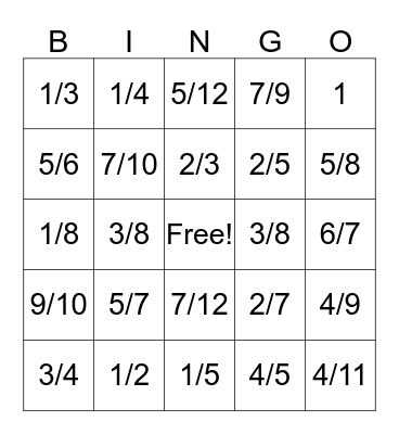 Fraction Bingo Card