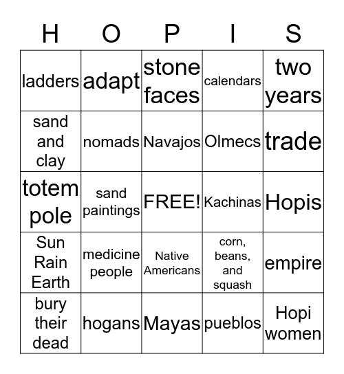 Historical Indians Bingo Card