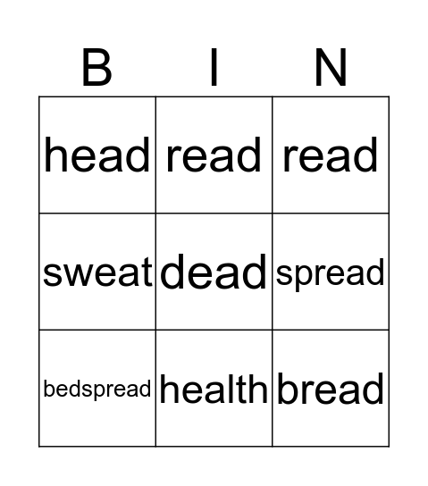 Short Vowel E Bingo Card