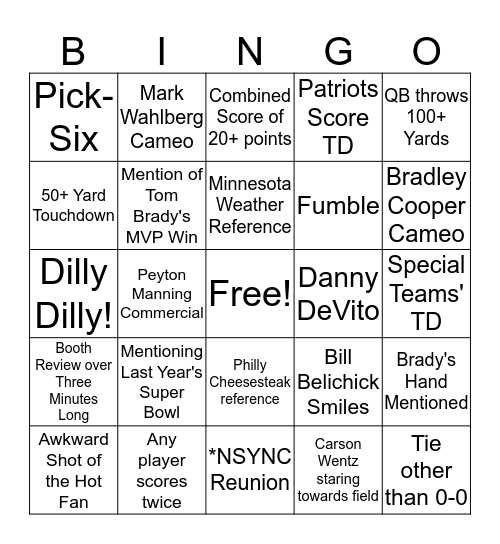 Super Bowl 52 Bingo Card