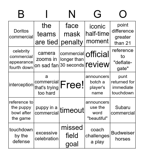 Superbowl Bingo! Bingo Card