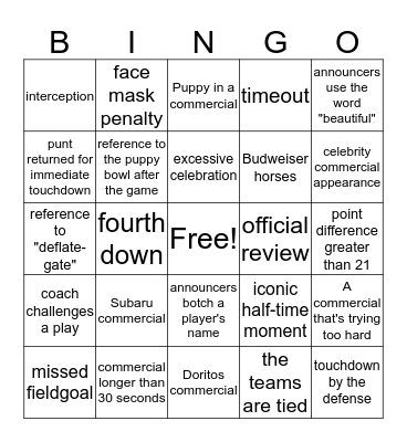 Superbowl Bingo! Bingo Card