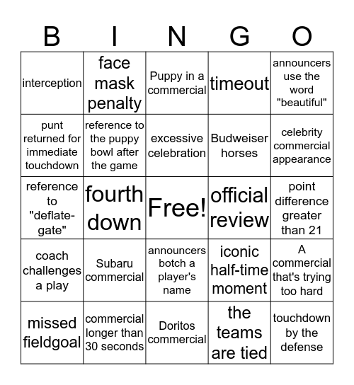 Superbowl Bingo! Bingo Card