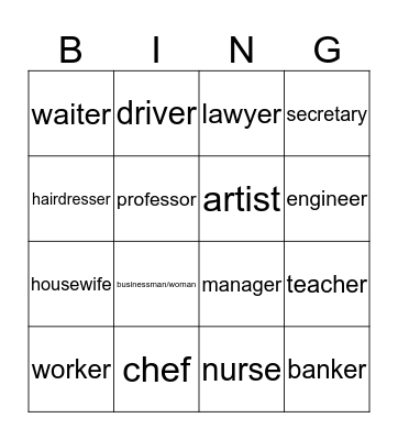 Occupations in Chinese Bingo Card