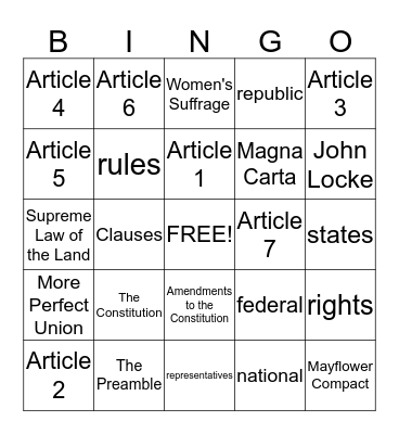 Articles of Confederation - Unit 2 Chapter 5 Section 1 Bingo Card