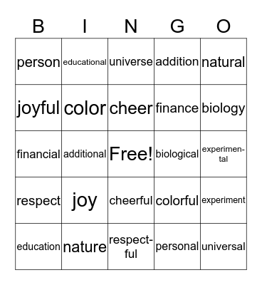 Vocabulary Skill-Suffixes Bingo Card
