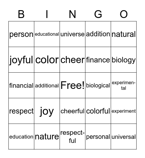 Vocabulary Skill-Suffixes Bingo Card