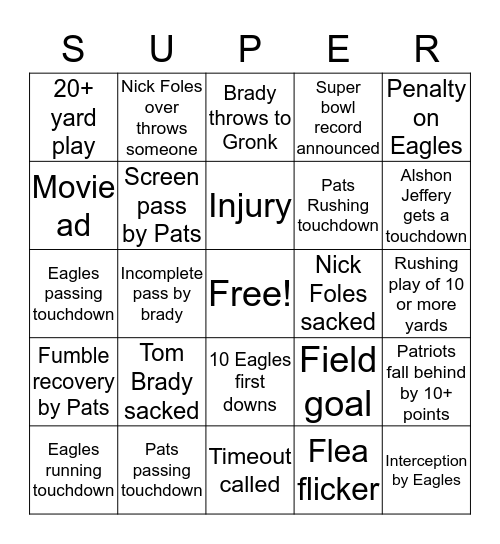 Patriots vs. Eagles Bingo Card