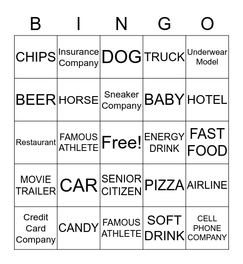 TV COMMERCIAL BINGO Card