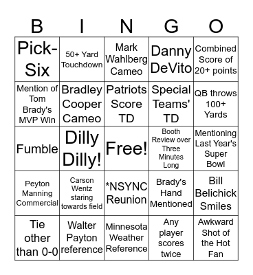 Super Bowl 52 Bingo Card