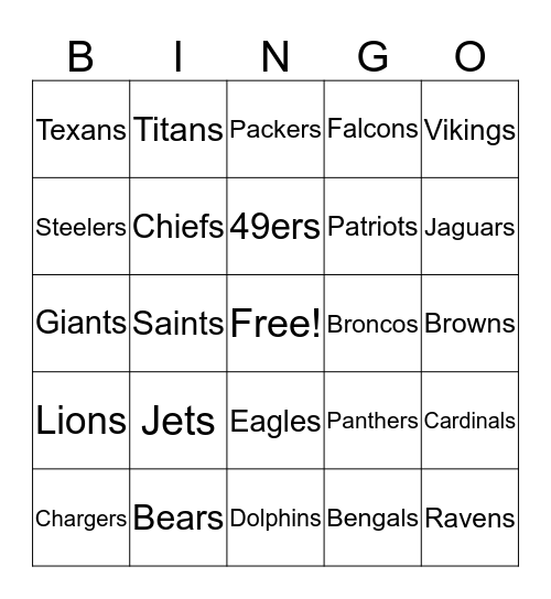 Super Bowl Bingo Card