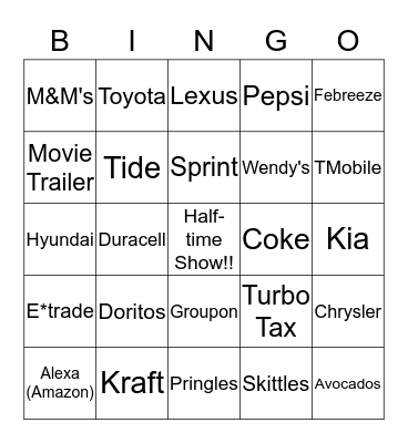 Superbowl 2018 Commercial Bingo Card