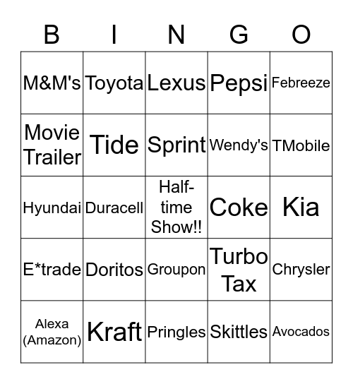 Superbowl 2018 Commercial Bingo Card