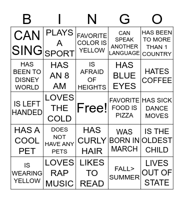 GET TO KNOW YOU BINGO Card
