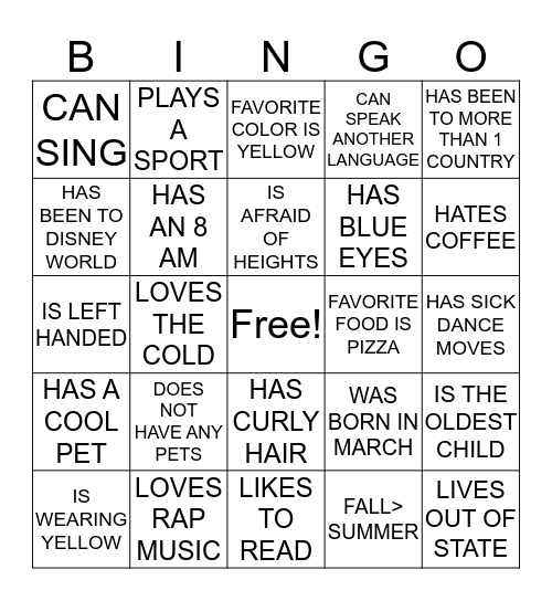 GET TO KNOW YOU BINGO Card