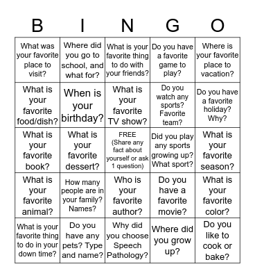 Get To Know You BINGO Card