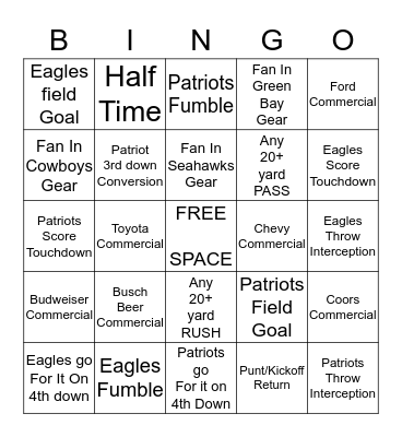 Super Bowl BINGO!!! Bingo Card