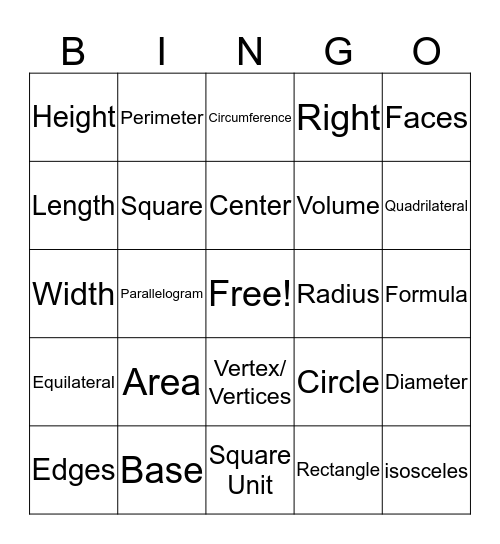 Perimeter, Area, Circumference, & Volume Bingo Card