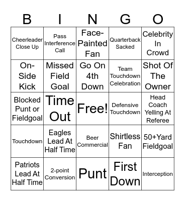 Super Bowl Eagles vs. Patriots Bingo Card