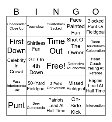 Super Bowl Eagles vs. Patriots Bingo Card