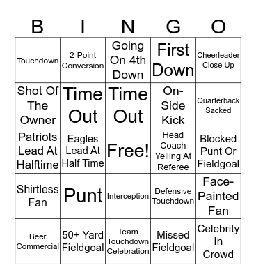 Super Bowl Eagles vs. Patriots Bingo Card