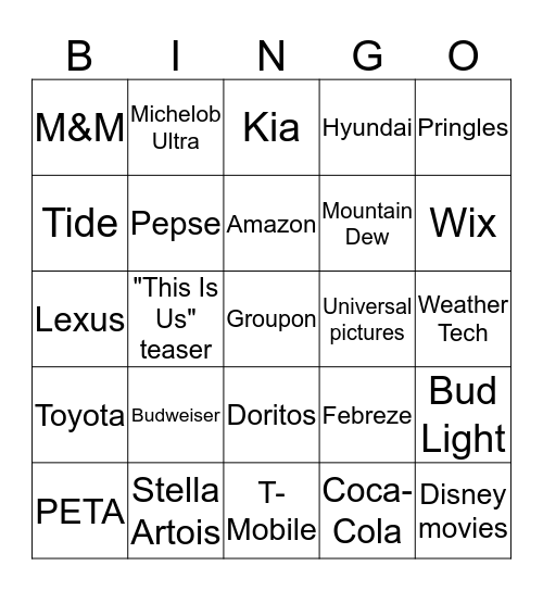 Super Bowl Commercial Bingo  Bingo Card