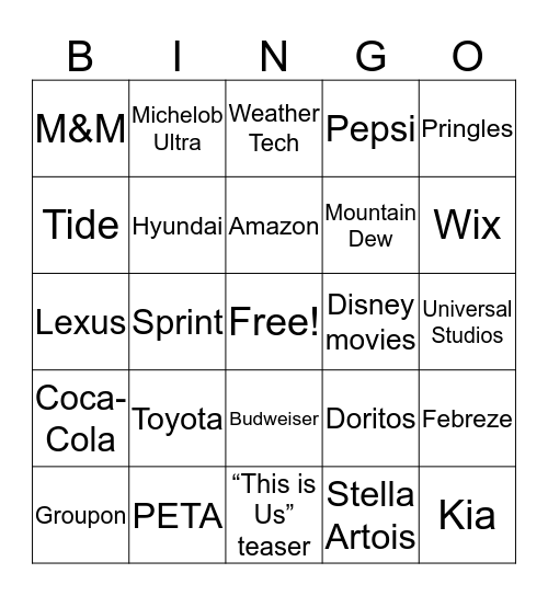 Super Bowl Commercial Bingo  Bingo Card